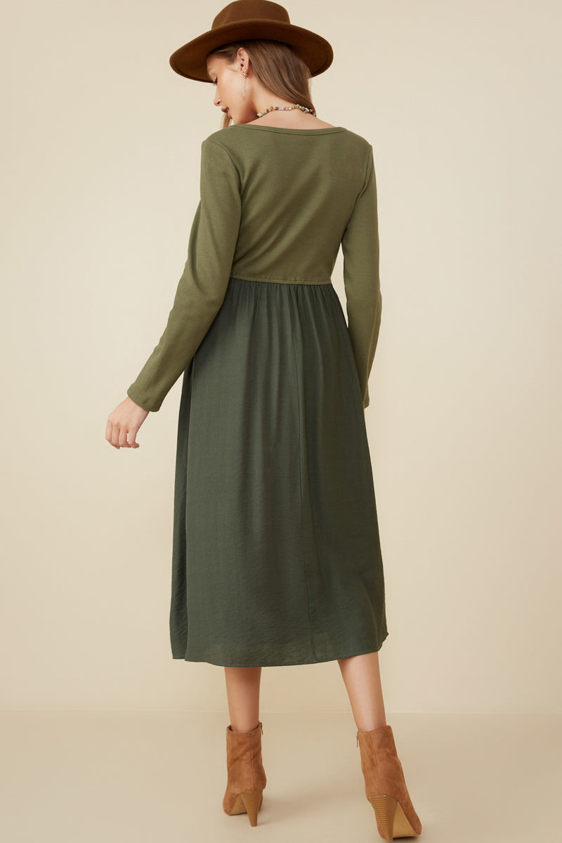 HY8774 Olive Womens Ribbed Knit Mixed Media Scoop Neck Dress Full Body