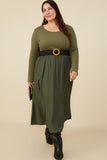 HY8774W Olive Plus Ribbed Knit Mixed Media Scoop Neck Dress Full Body