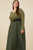 HY8774 Olive Womens Ribbed Knit Mixed Media Scoop Neck Dress Back