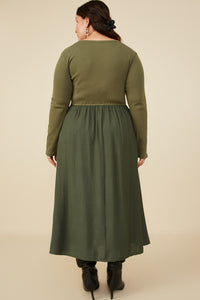 HY8774W Olive Plus Ribbed Knit Mixed Media Scoop Neck Dress Front