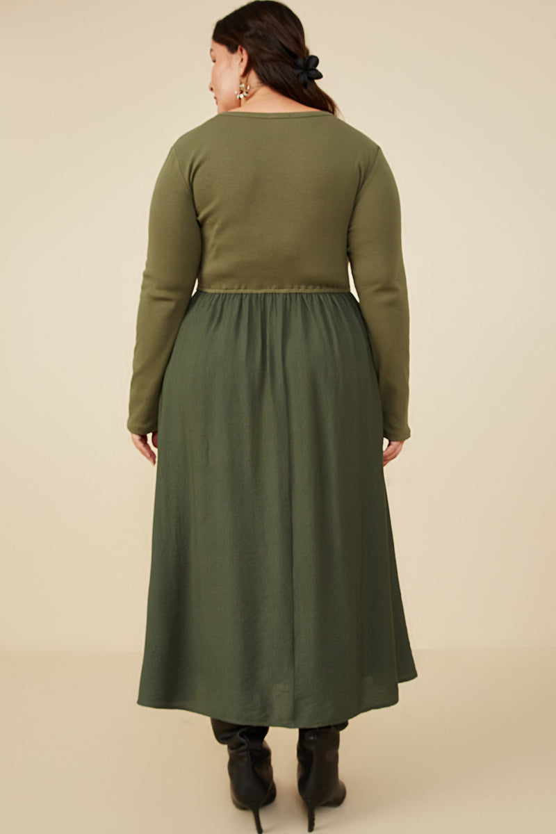 HY8774W Olive Plus Ribbed Knit Mixed Media Scoop Neck Dress Front