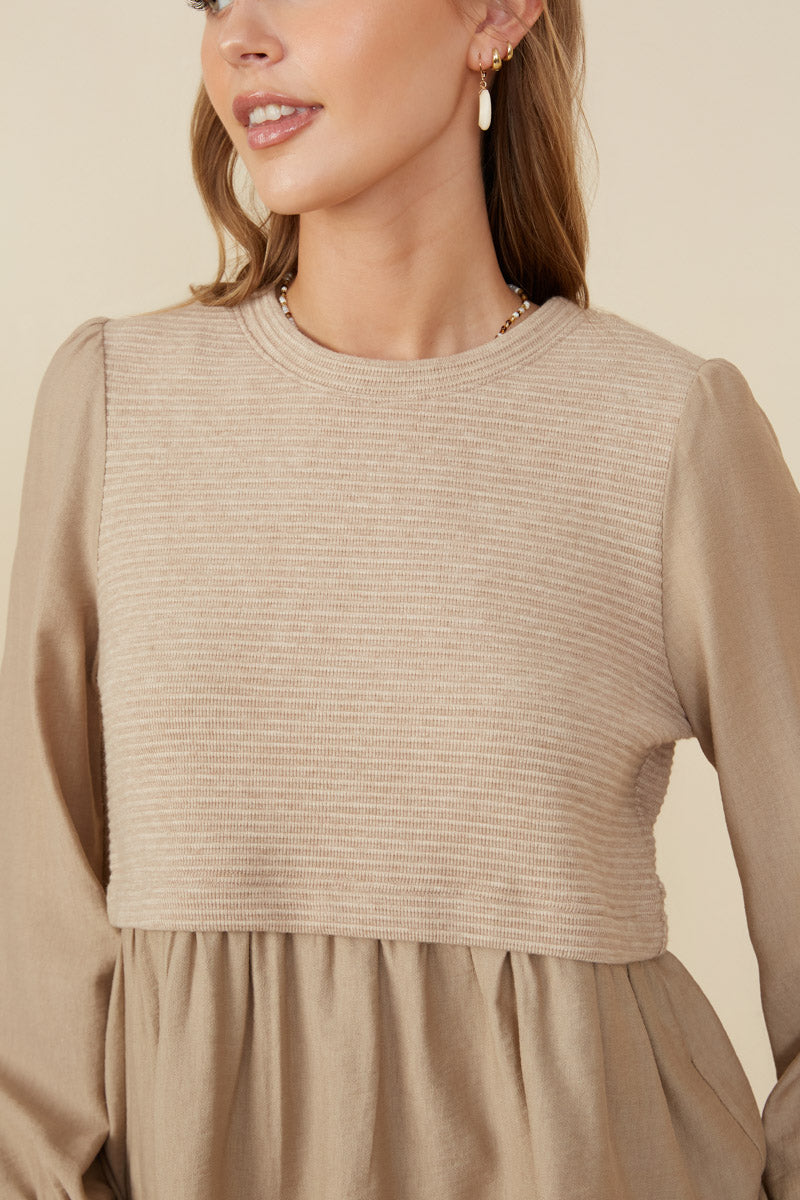 HY8777 Taupe Womens Mix Media Ribbed Knit Twofer Top Full Body