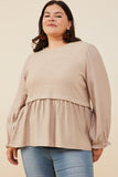 HY8777W Taupe Plus Mix Media Ribbed Knit Twofer Top Front