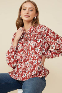 HY8783W Burgundy Womens Floral Print Smocked Detail Tie Front Collared Shirt Front