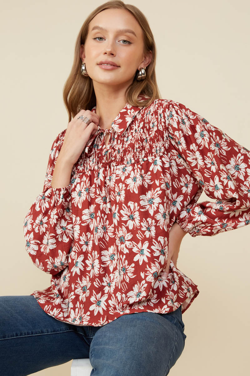 Floral Print Smocked Detail Tie Front Collared Shirt
