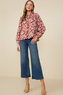 HY8783 Burgundy Womens Floral Print Smocked Detail Tie Front Collared Shirt Gif