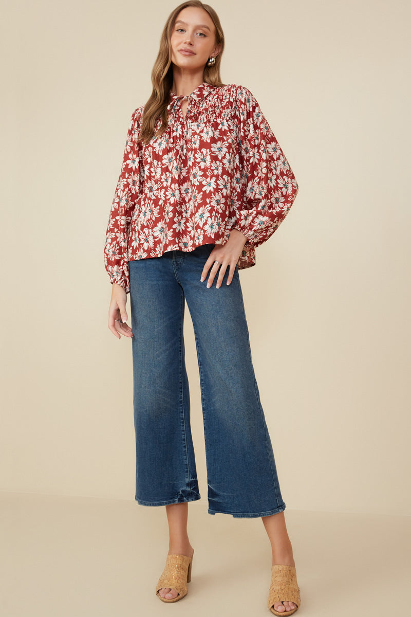 HY8783 Burgundy Womens Floral Print Smocked Detail Tie Front Collared Shirt Gif