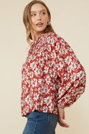 HY8783 Burgundy Womens Floral Print Smocked Detail Tie Front Collared Shirt Full Body