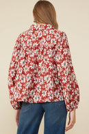 HY8783 Burgundy Womens Floral Print Smocked Detail Tie Front Collared Shirt Side