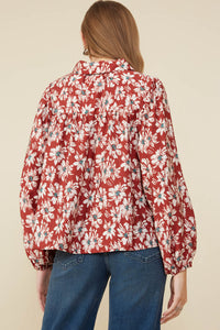 HY8783 Burgundy Womens Floral Print Smocked Detail Tie Front Collared Shirt Side