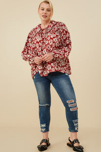 HY8783 Burgundy Womens Floral Print Smocked Detail Tie Front Collared Shirt Front