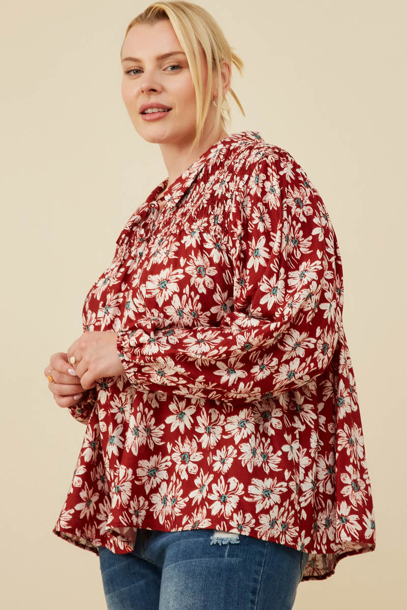 HY8783W Burgundy Womens Floral Print Smocked Detail Tie Gif Collared Shirt Gif