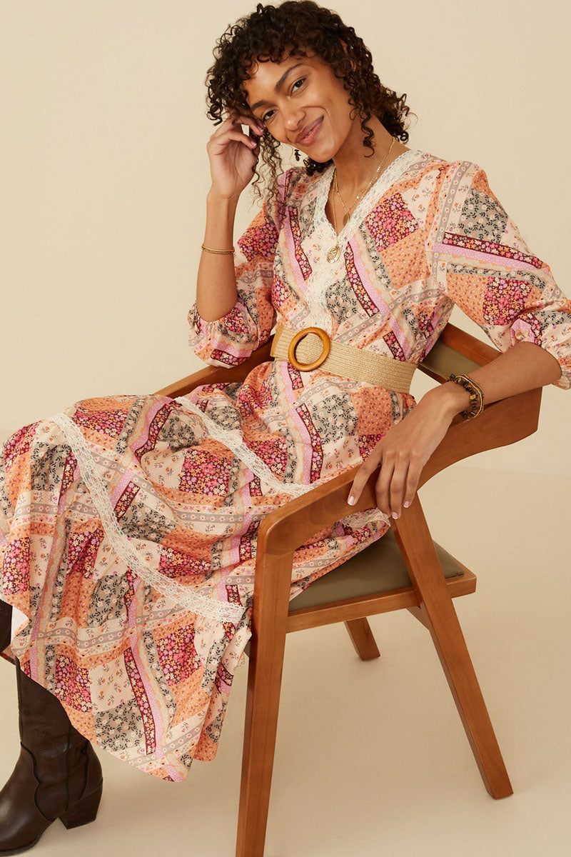 Quilt Print Tiered Dress | Boho Inspired Inclusive Outfits Burgundy MIx / L Burgundy MIx *Women's Dresses Casual Dresses Hayden Los Angeles Quilt Print Tiered Dress | Boho Inspired Inclusive Outfits Burgundy MIx / L Burgundy MIx *Women's Dresses Casual Dresses Hayden Los Angeles