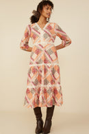 HY8799W Burgundy Mix Plus Quilt Print Lace Detail Tiered Dress Front