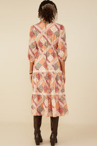 HY8799 Burgundy Mix Womens Quilt Print Lace Detail Tiered Dress Front