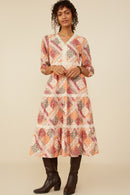 HY8799 Burgundy Mix Womens Quilt Print Lace Detail Tiered Dress Side