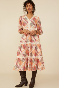 HY8799 Burgundy Mix Womens Quilt Print Lace Detail Tiered Dress Side