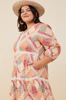 HY8799 Burgundy Mix Womens Quilt Print Lace Detail Tiered Dress Full Body