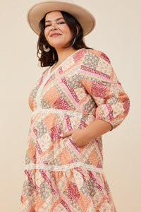 HY8799 Burgundy Mix Womens Quilt Print Lace Detail Tiered Dress Full Body