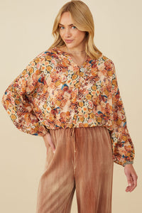 HY8800 Taupe Womens Floral Fruit Print Buttoned Bubble Hem Top Side