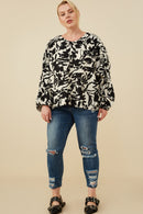 HY8805 Black Womens Monochrome Botanical Print Dolman Top Back