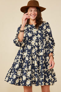 HY8813 Navy Womens Floral Print Tiered Cinch Sleeve Dress Front