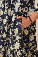 HY8813 Navy Womens Floral Print Tiered Cinch Sleeve Dress Full Body