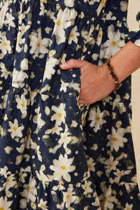 HY8813 Navy Womens Floral Print Tiered Cinch Sleeve Dress Full Body