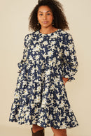 HY8813W Navy Plus Floral Print Tiered Cinch Sleeve Dress Front