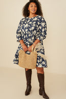 HY8813 Navy Womens Floral Print Tiered Cinch Sleeve Dress Detail