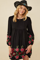 HY8814W Black Womens Embroidered Detail Long Sleeve Scoop Neck Dress Side
