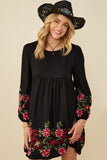 HY8814W Black Womens Embroidered Detail Long Sleeve Scoop Neck Dress Side