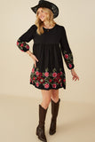 HY8814W Mustard Plus Embroidered Detail Long Sleeve Scoop Neck Dress Pose