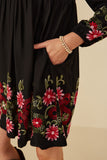 HY8814 Mustard Womens Embroidered Detail Long Sleeve Scoop Neck Dress Full Body