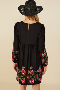 HY8814 Mustard Womens Embroidered Detail Long Sleeve Scoop Neck Dress Side