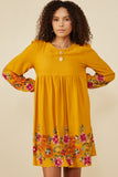 HY8814W Black Womens Embroidered Detail Long Sleeve Scoop Neck Dress Front