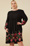 HY8814 Mustard Womens Embroidered Detail Long Sleeve Scoop Neck Dress Front