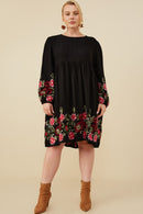 HY8814 Mustard Womens Embroidered Detail Long Sleeve Scoop Neck Dress Back