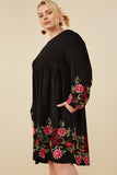 HY8814W Mustard Plus Embroidered Detail Long Sleeve Scoop Neck Dress Gif