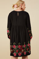 HY8814W Mustard Plus Embroidered Detail Long Sleeve Scoop Neck Dress Full Body