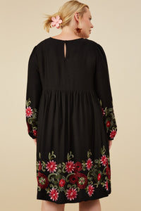 HY8814W Mustard Plus Embroidered Detail Long Sleeve Scoop Neck Dress Full Body