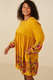 HY8814W Black Womens Embroidered Detail Long Sleeve Scoop Neck Dress Full Body