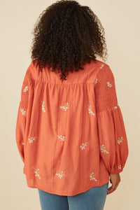 HY8822W Rust Plus Ditsy Embroidered Smock Detail Tassel Top Full Body