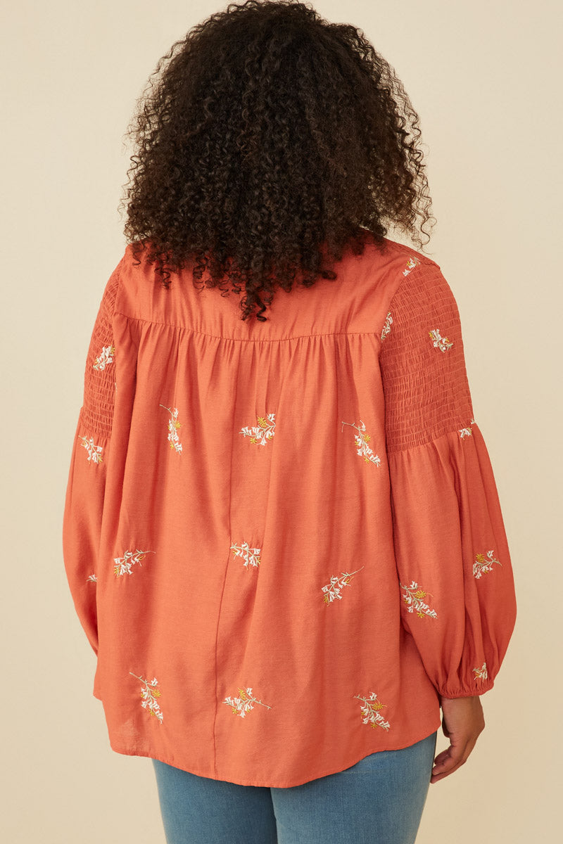 HY8822W Rust Plus Ditsy Embroidered Smock Detail Tassel Top Full Body