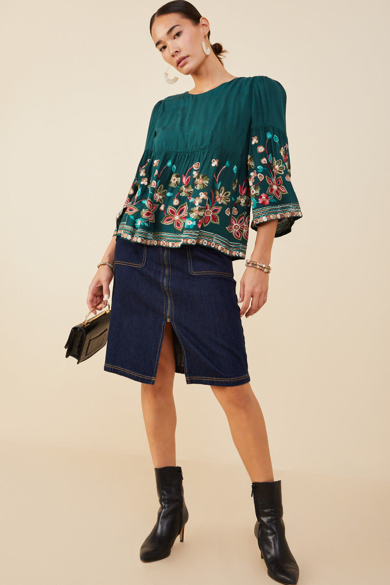 HY8824 Green Womens Embroidered Detail Baby Doll Top Gif