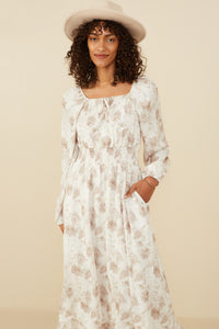 HY8837 Taupe Womens Textured Floral Smocked Waist Dress Gif