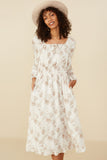 HY8837 Taupe Womens Textured Floral Smocked Waist Dress Back