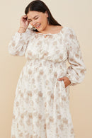 HY8837 Taupe Womens Textured Floral Smocked Waist Dress Full Body