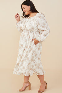 HY8837W Taupe Plus Textured Floral Smocked Waist Dress Gif