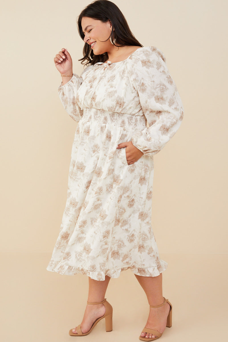 HY8837W Taupe Plus Textured Floral Smocked Waist Dress Gif